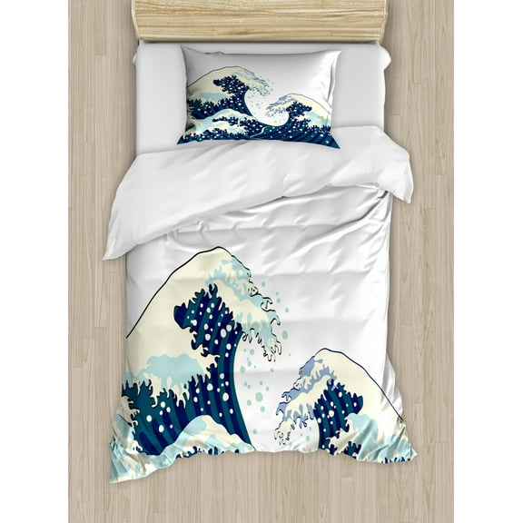 Waves Duvet Cover Set Twin Size, Japanese Kanagawa Illustration Nautical Ocean Surfing Theme Aquatic Pattern, Decorative 2 Piece Bedding Set with 1 Pillow Sham, Dark Blue White, by Ambesonne