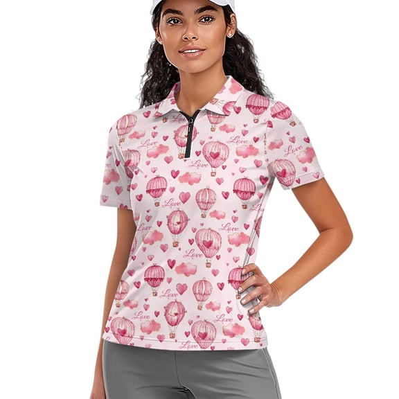 Whosucclay Elastic Tennis Shirts for Golf Bowling Outdoor, Polyester Fashion Moisture Wicking Polo Shirts, Heart-Shaped Hot Air Balloon Size XX-Large