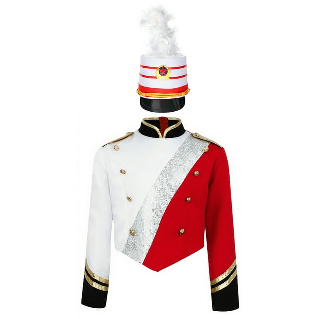 Moggemol Garçons Enfants Garde Royale Uniforme de Marche Manches Longues Batteur Veste à Sequins avec Plume Rouge 8