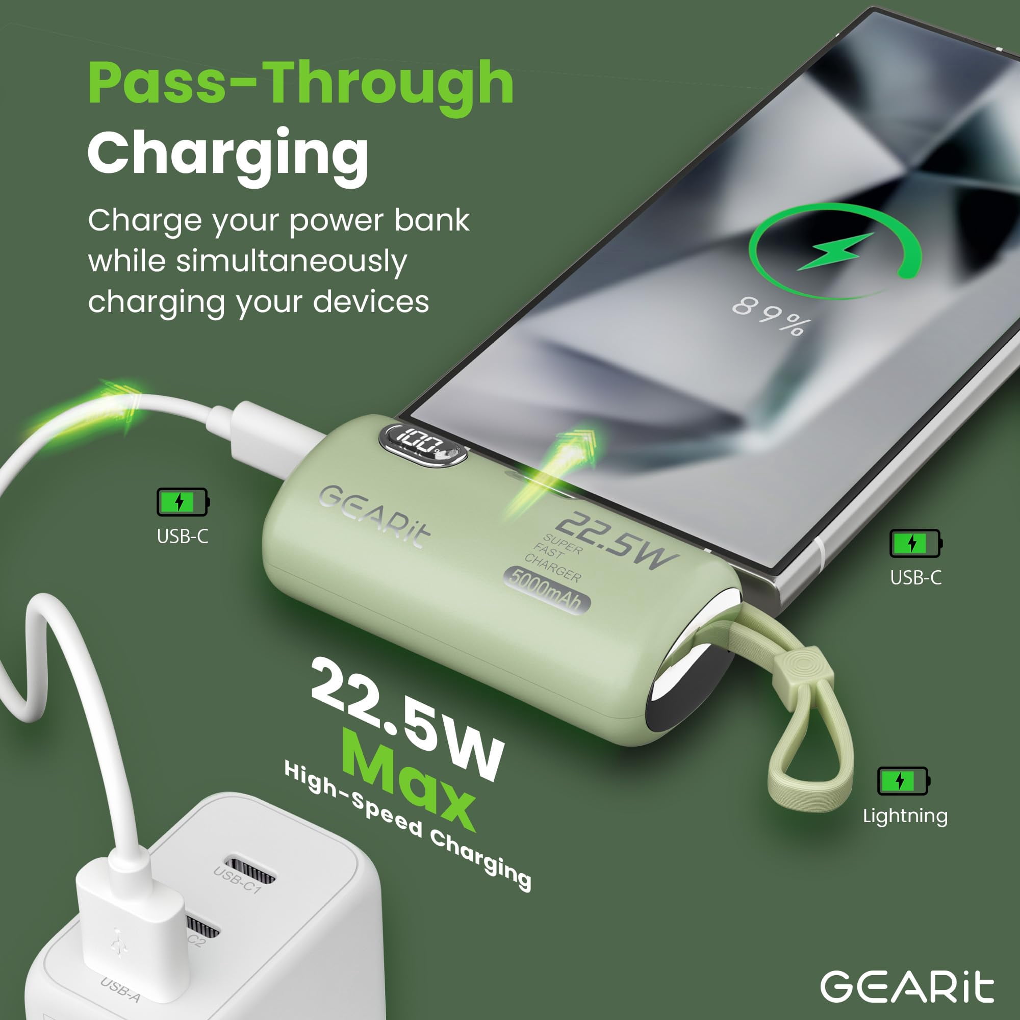 GEARit Dual Output 5000mAh Power Bank - Small Battery Pack with USB-C and Lightning Connectors, Battery Display - Compact Portable Charger