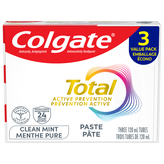 Colgate Total Active Prevention Clean Mint Toothpaste, Value pack, 3x120 ml