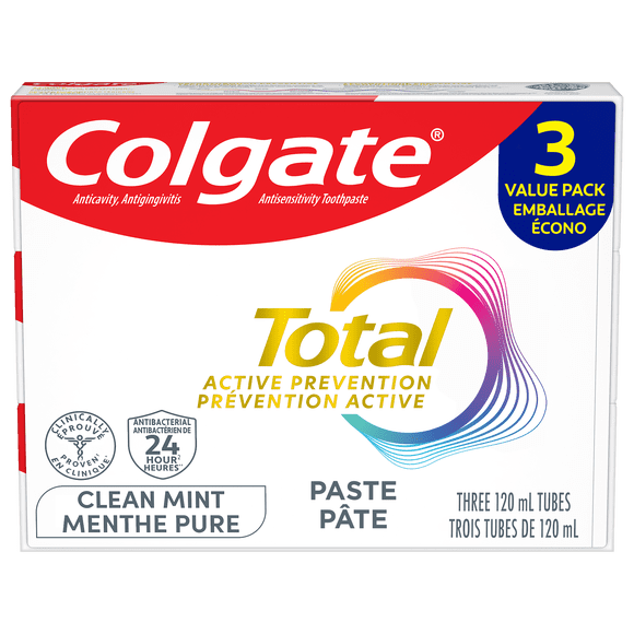 Colgate Total Active Prevention Clean Mint Toothpaste, Value pack, 3x120 ml