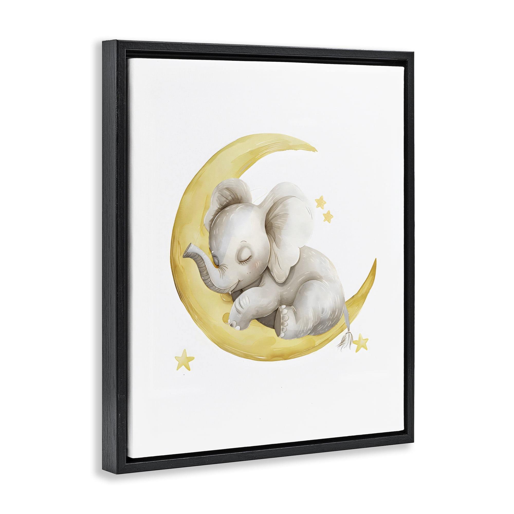 Stupell Industries Sleeping Elephant on Yellow Moon Black Framed Floater Canvas Wall Art, design by LSR Design Studio