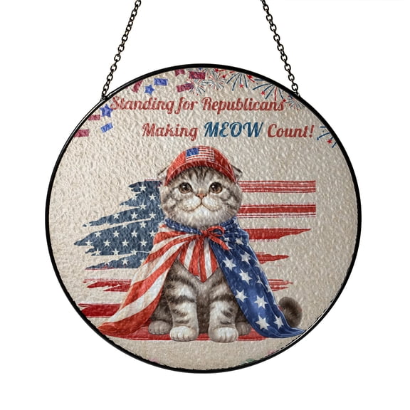 Republican Scottish Fold Making Meow Count Election 2024 Stained Glass Suncatcher Cat Lover Kitten Owner Gifts Window Hanging Sign Decor - 01002