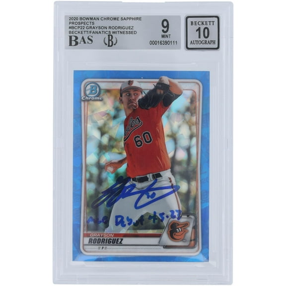 Grayson Rodriguez Baltimore Orioles Autographed 2020 Bowman Chrome Prospects Sapphire #BCP-22 Beckett Fanatics Witnessed Authenticated 9/10 Card with "MLB Debut 4/5/23" Inscription - Fanatics