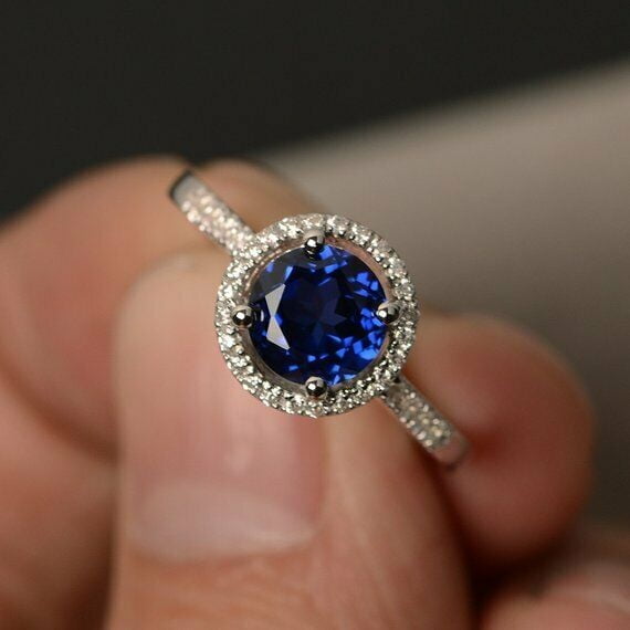 HeartsAndYou 1.2ct Natural Blue Sapphire Engagement Ring 100% 14k SOLID White Gold Halo Women