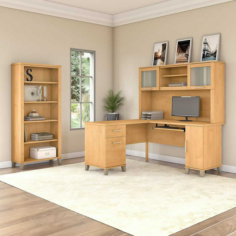 Bush Furniture Cabot 60W L Shaped Computer Desk with Hutch and 5 Shelf Bookcase Linen White Oak