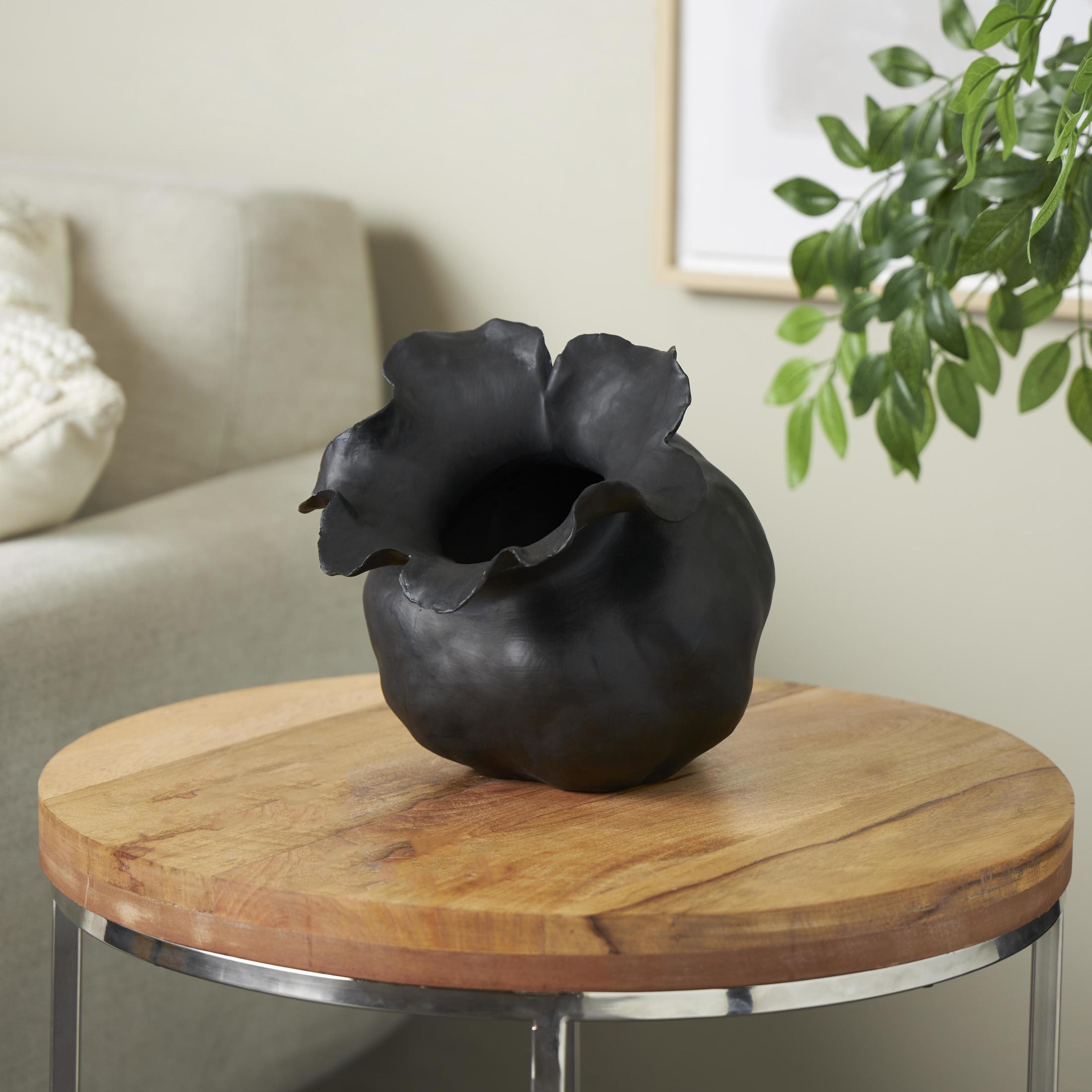 DecMode 9" Abstract Wide Rounded Floral Shaped Black Ceramic Vase with Petal Rim