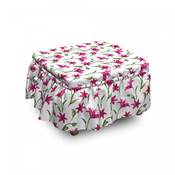 Floral Ottoman Cover, Lily Blossoms Garden Art, 2 Piece Slipcover Set with Ruffle Skirt for Square Round Cube Footstool Decorative Home Accent, Standard Size, Magenta Green and White, by Ambesonne