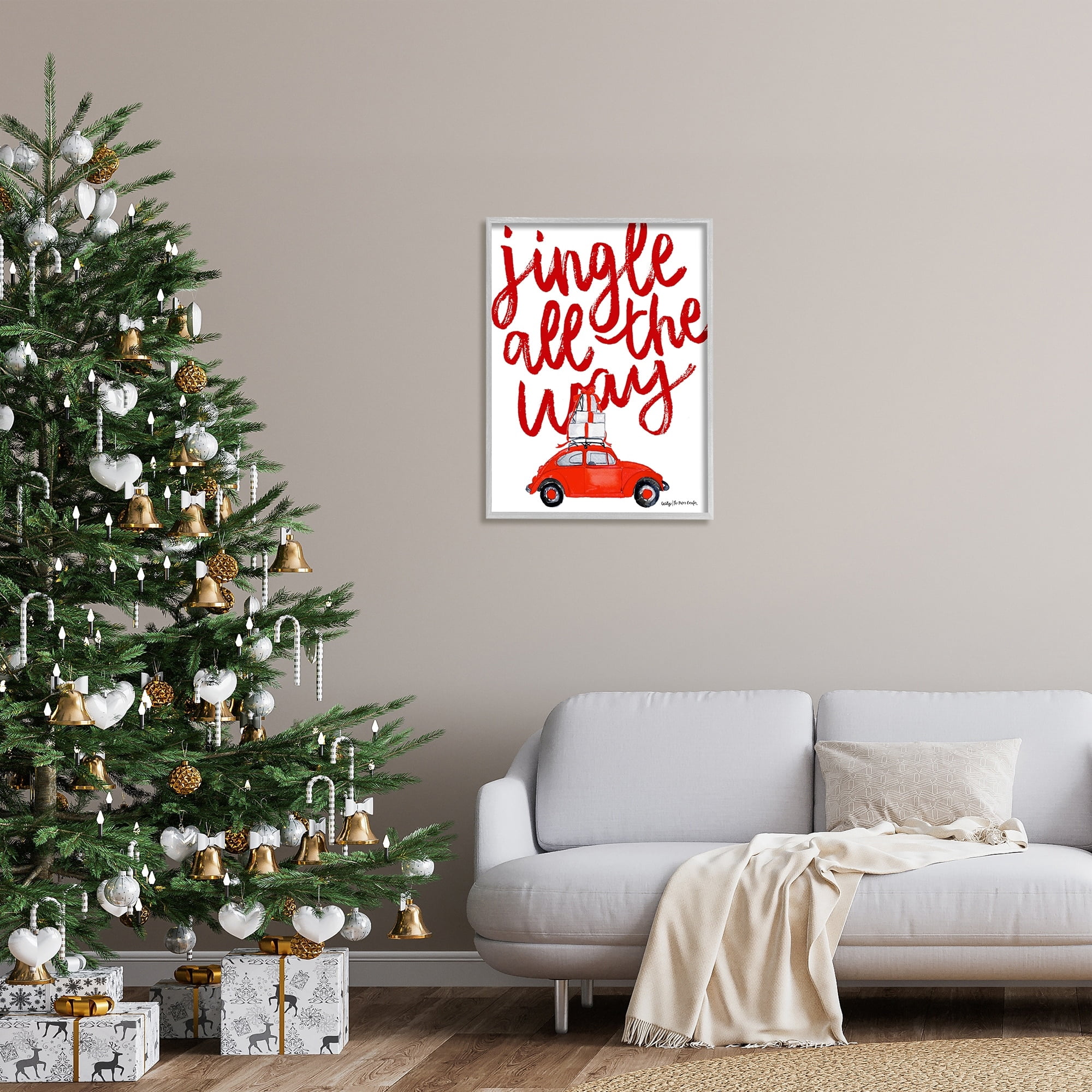Stupell Industries Jingle All The Way Holiday Gifts Red Car Driving Graphic Art Gray Framed Art Print Wall Art, Design by Cecily Moore