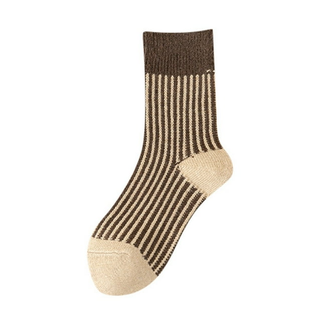 Fgnfyis Socks for Women Mid Tube Double Vertical Stripes Spliced Rabbit Wool Thick Warm Winter Soft Feel Coffee