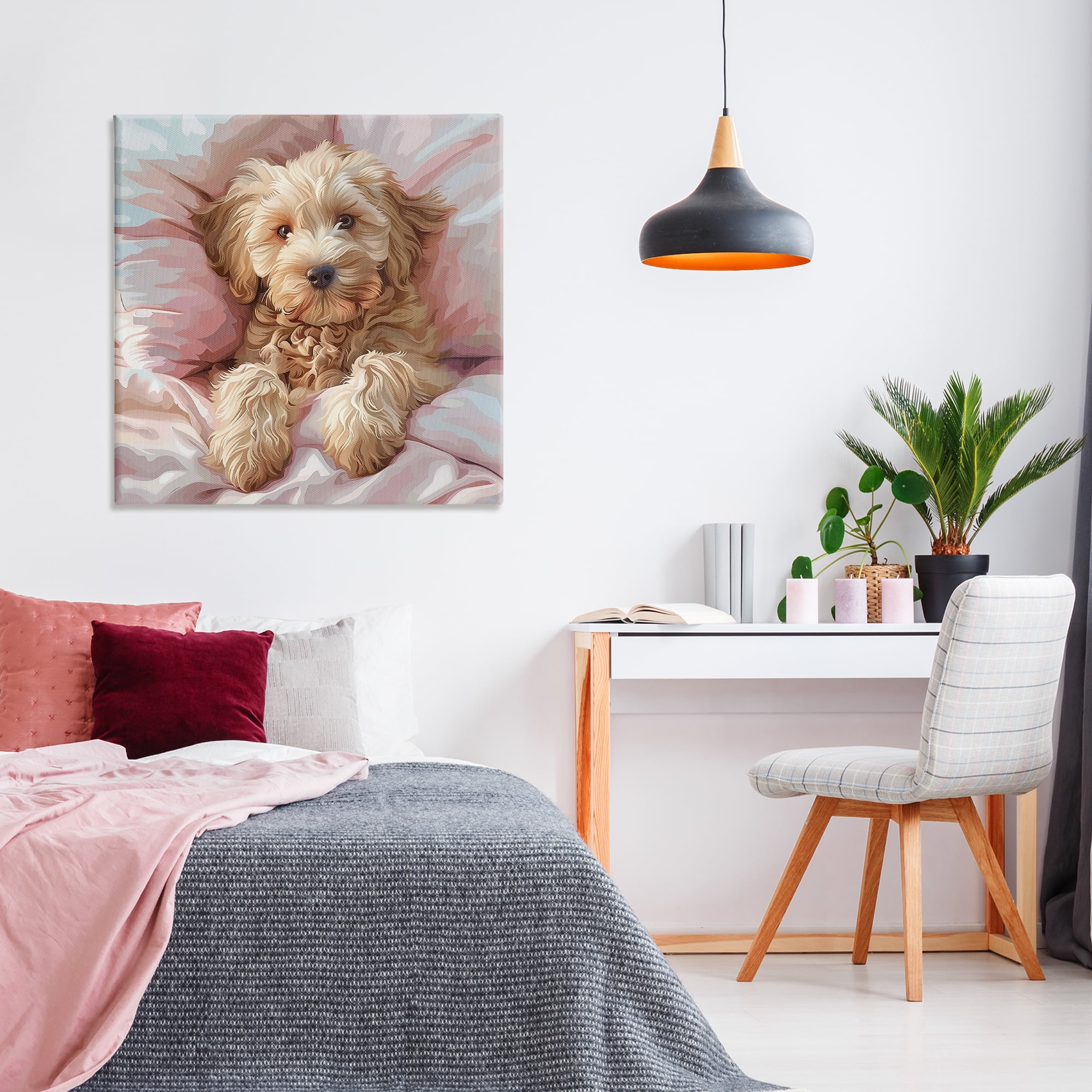 Stupell Industries Cuddling Labradoodle Bed Animals Painting Wrapped Canvas Art Print Wall Art, 36 x 36