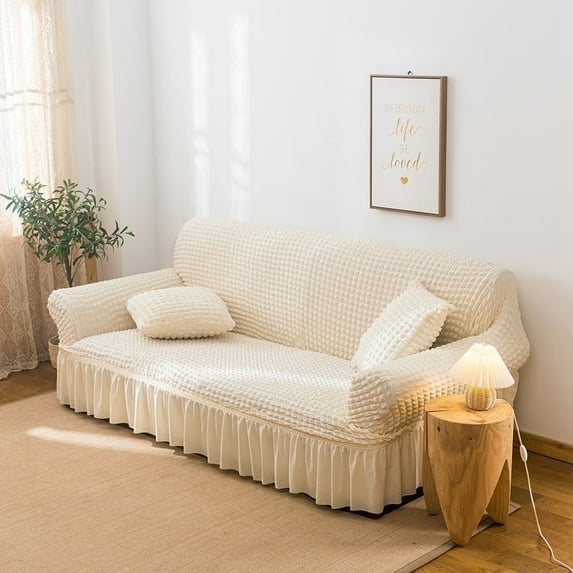 Mictong integrated sofa cover with pleated ruffle hem skirt, washable, highly elastic and durable, furniture protective cover, three seater sofa, off white, 1 piece