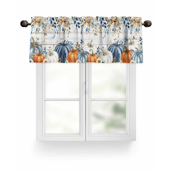 Farmhouse Fall Thanksgiving Kitchen Valances for Windows Blue White Orange Boho Pumpkin Valance Curtains for Kitchen /Living Room/Bedroom/ Bathroom Decor, 42"x12 " ,Rod Pocket 1 Panel,