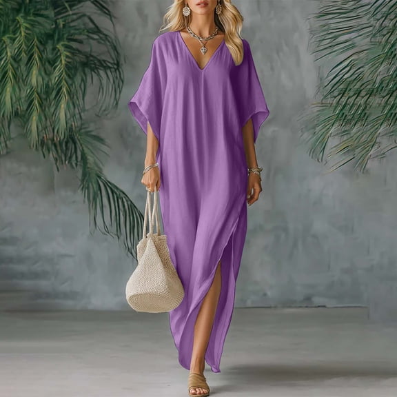 ClodeEU Women's Linen Blend V Neck Short Sleeve Loose Fit Maxi Dress ,Solid Color Casual Long Dress Purple,Womens Plus XXL
