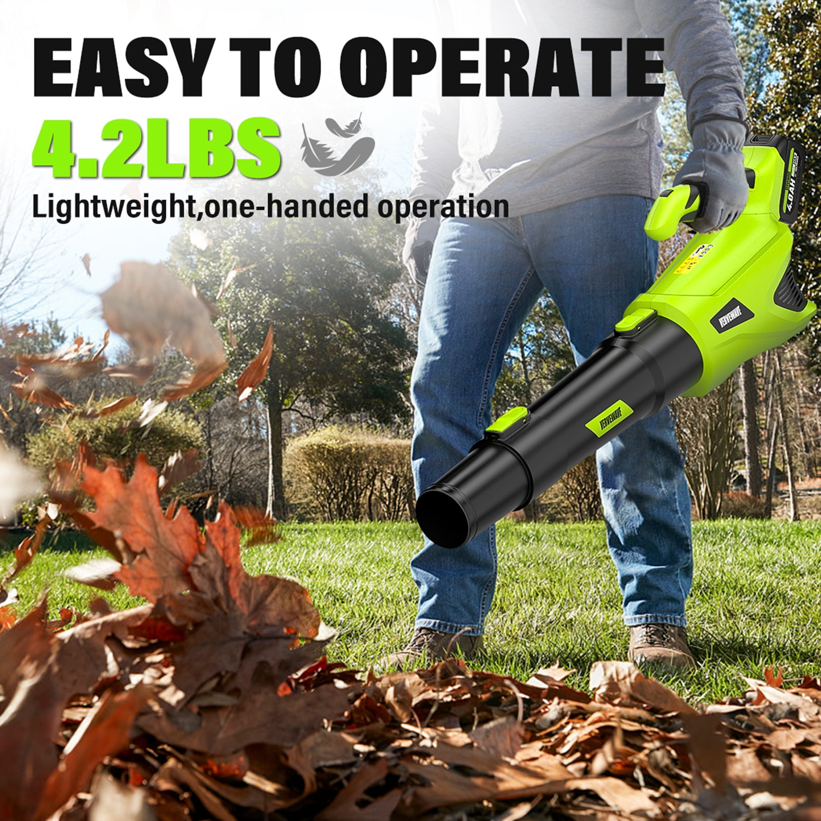 VERVEWAVE Leaf Blower - 580CFM 20V Leaf Blower Cordless with 2 X 4.0Ah Battery & Charger, 5-Speed Dial Electric Blower Handheld, Lightweight Powerful Battery Operated for Lawn Care, Jobsite