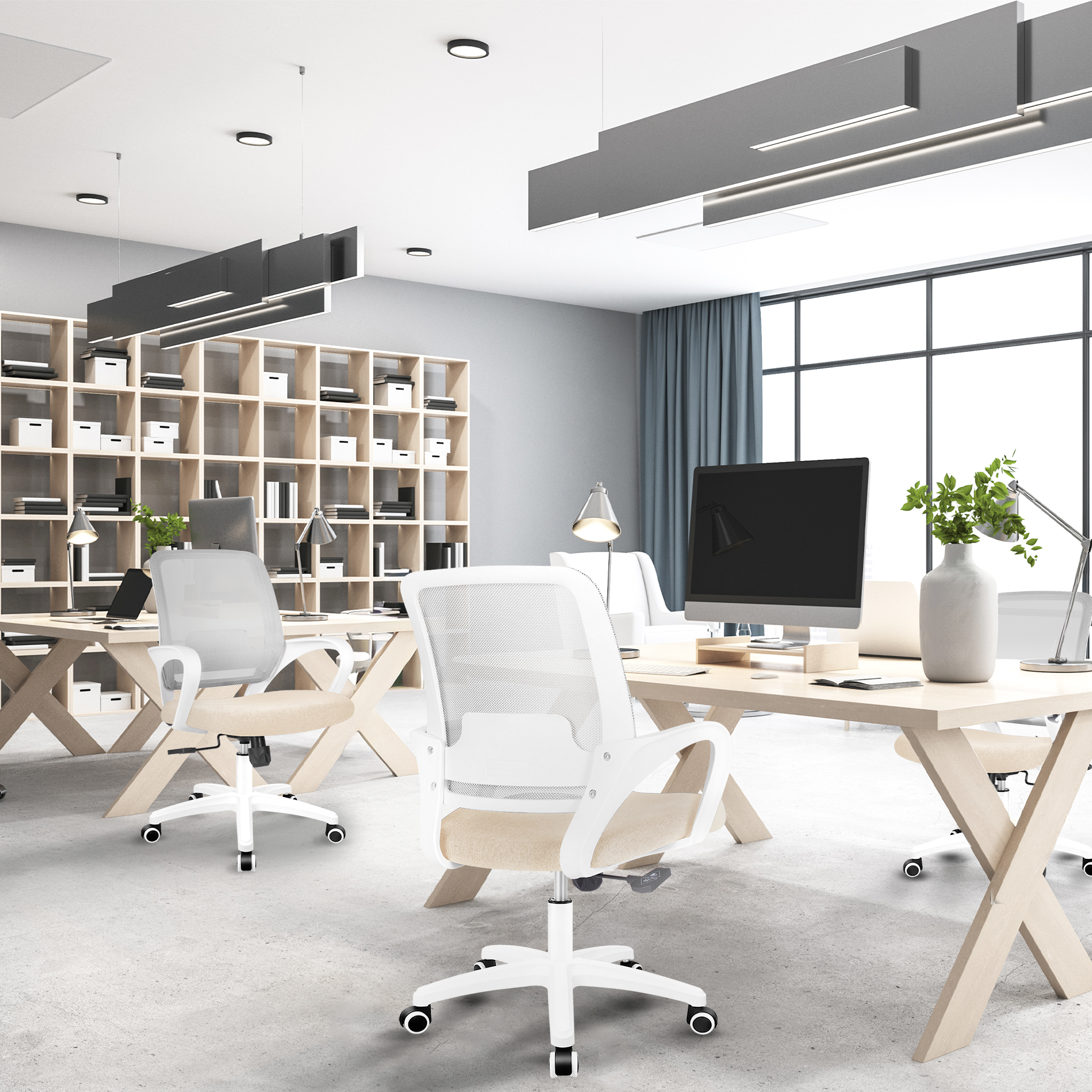 CELTOSS Ergonomic Home Office Chair, Mid Back Lumbar Support Desk Chair, Adjustable Height with Armrests for Adults, Beige