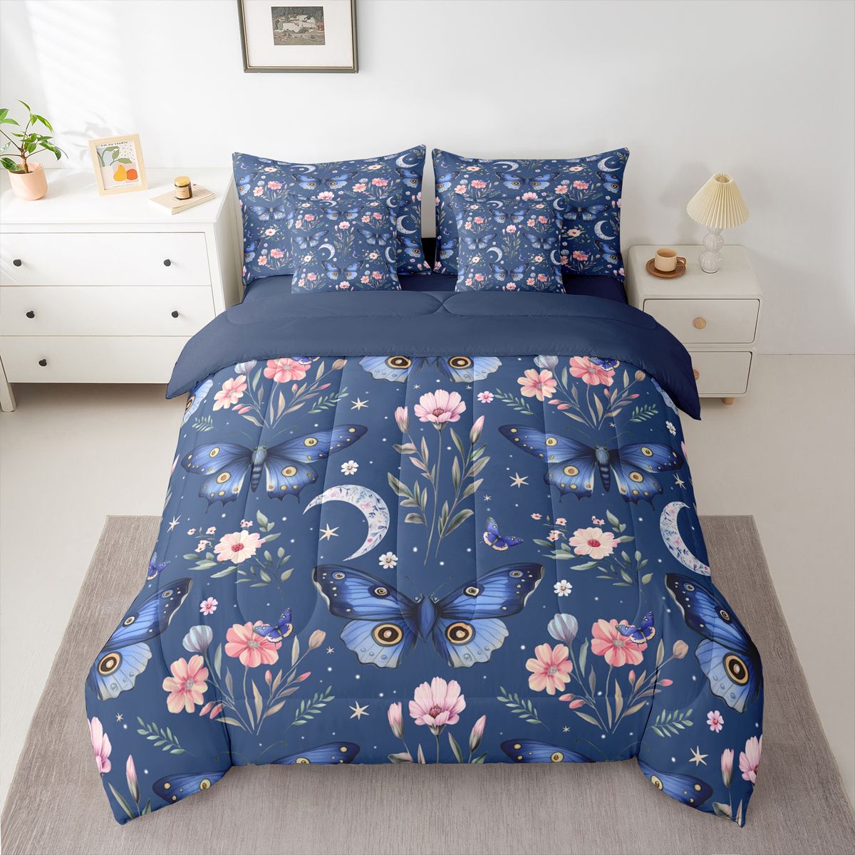 Homewish Flying Blue Butterflies 7 Pieces Bedding Comforter Set for Teens Female Men,Pink Floral Flower Full Bedding Set Lightweight,Dreamy Princess Fitted Sheet Flat Sheet,Microfiber Bedroom Decor