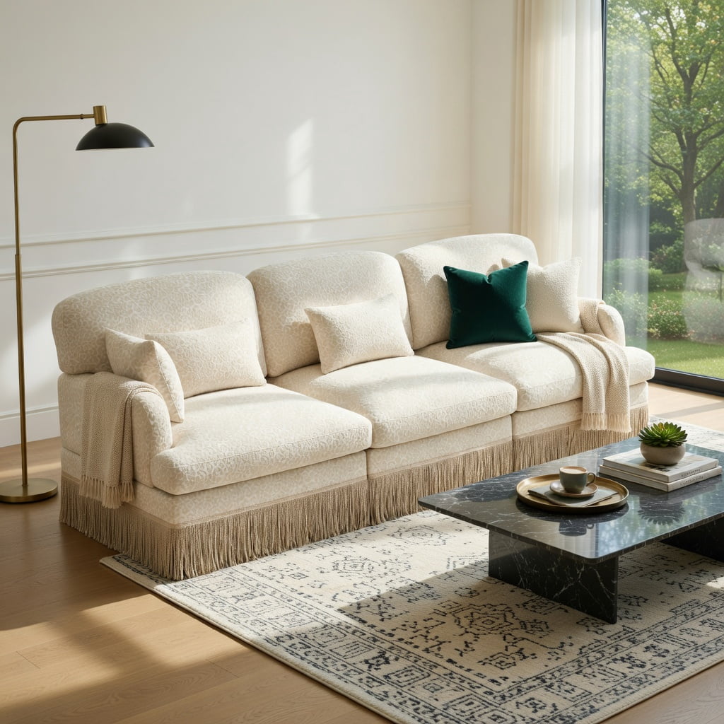 Hommoo 100" Leopard Print Chenille 3-Seat Modular Sectional Sofa, Tassel-Trimmed, Ergonomic Deep Seat Design, Easy Assembly Living Room Couch, Beige