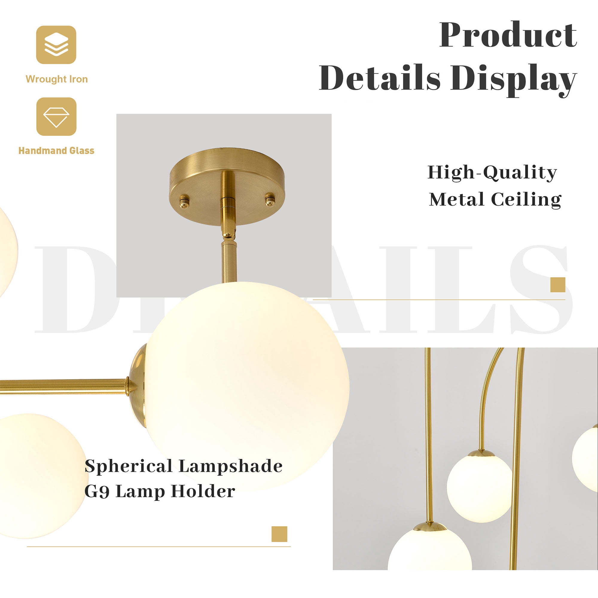 6-Light Gold Sputnik Chandelier,Mid Century Modern Chandelier with Milk Glass Shades,Large Pendant Light Fixture for Dining Room Kitchen Island