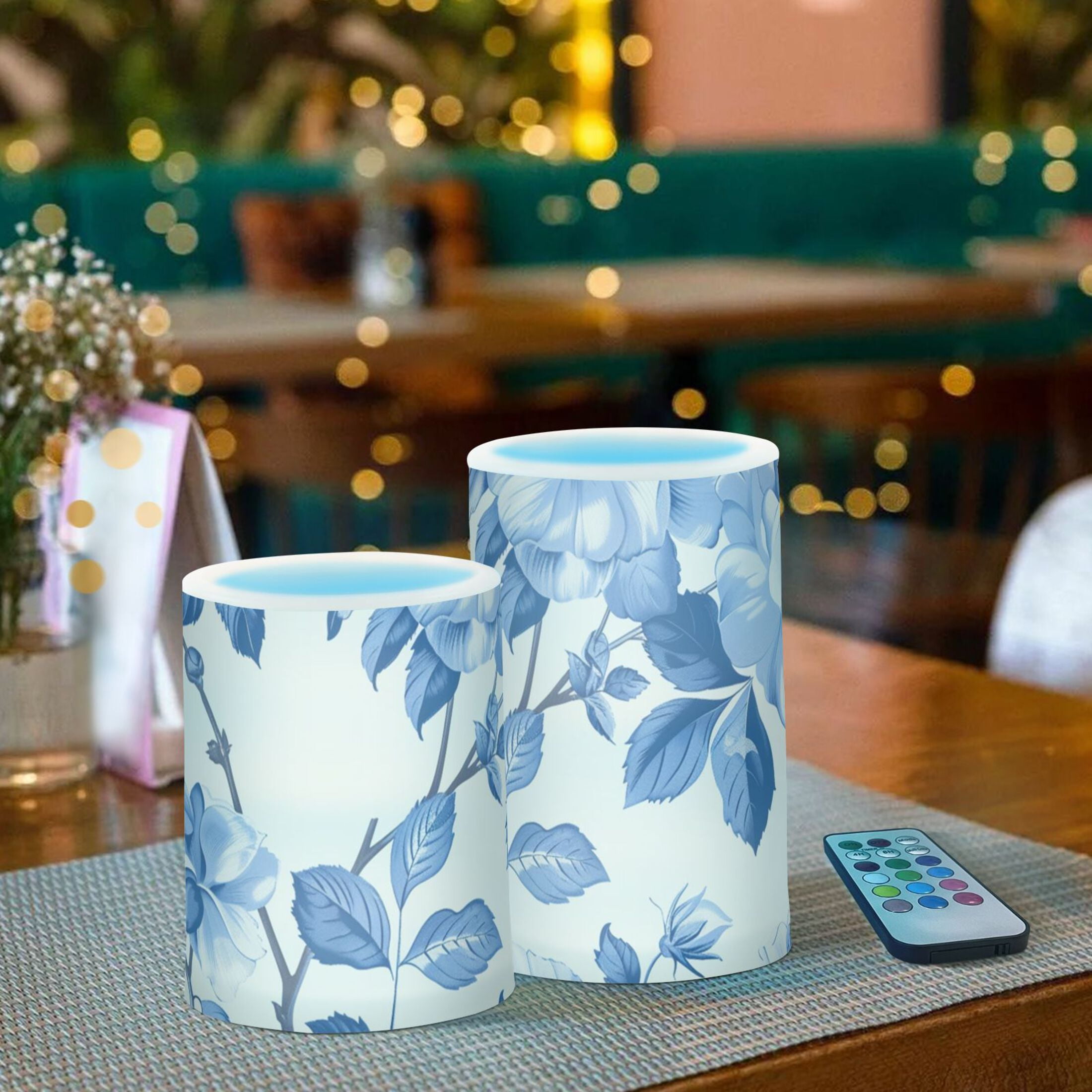 Blue White Florals and Leaves Flickering Flameless Candles LED Tealight Battery Operated with Remote Set of 2 Holiday Decor Ornaments