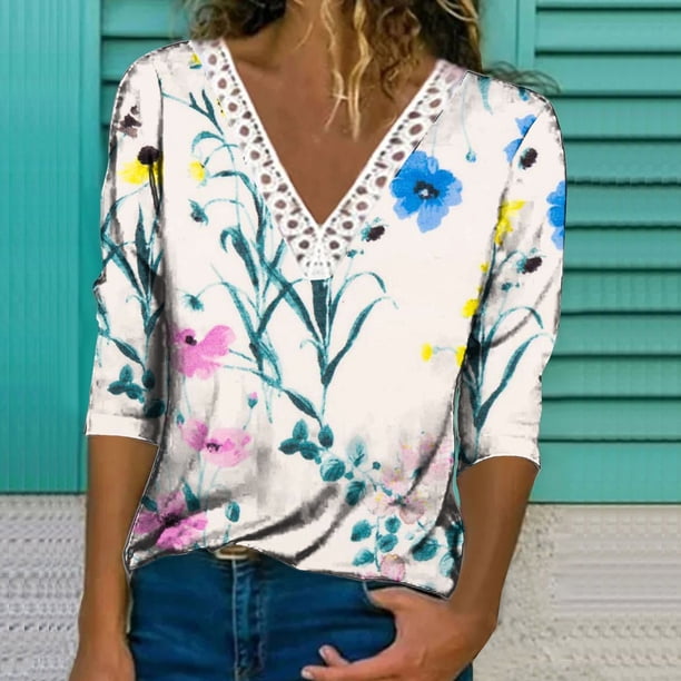 Puntoco Casual Mujer Cuello en V Verano Sexy Gradiente Estampado Regular Mujer Manga larga top Puntoco Puntoco-5191