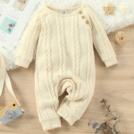 

PatPat Unisex Newborn Baby Cable Knit Button Jumpsuit Long Sleeve Winter Warm Sweater Romper Infant Baby Girls Boys One-piece Snowsuit 0-18month
