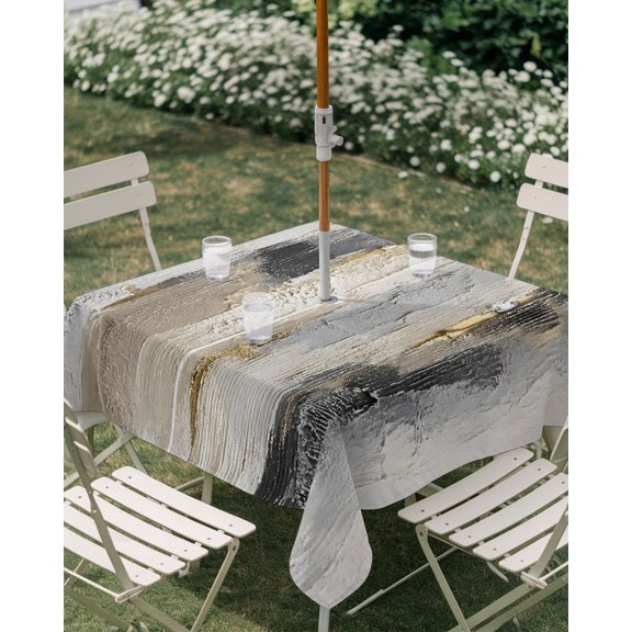 Outdoor Tablecloth with Umbrella Hole, Brown Beige Abstract Zippered Table Cloth for Rectangle Tables, Modern Minimalist Art Washable Waterproof Tablecloths for Picnic Patio Garden