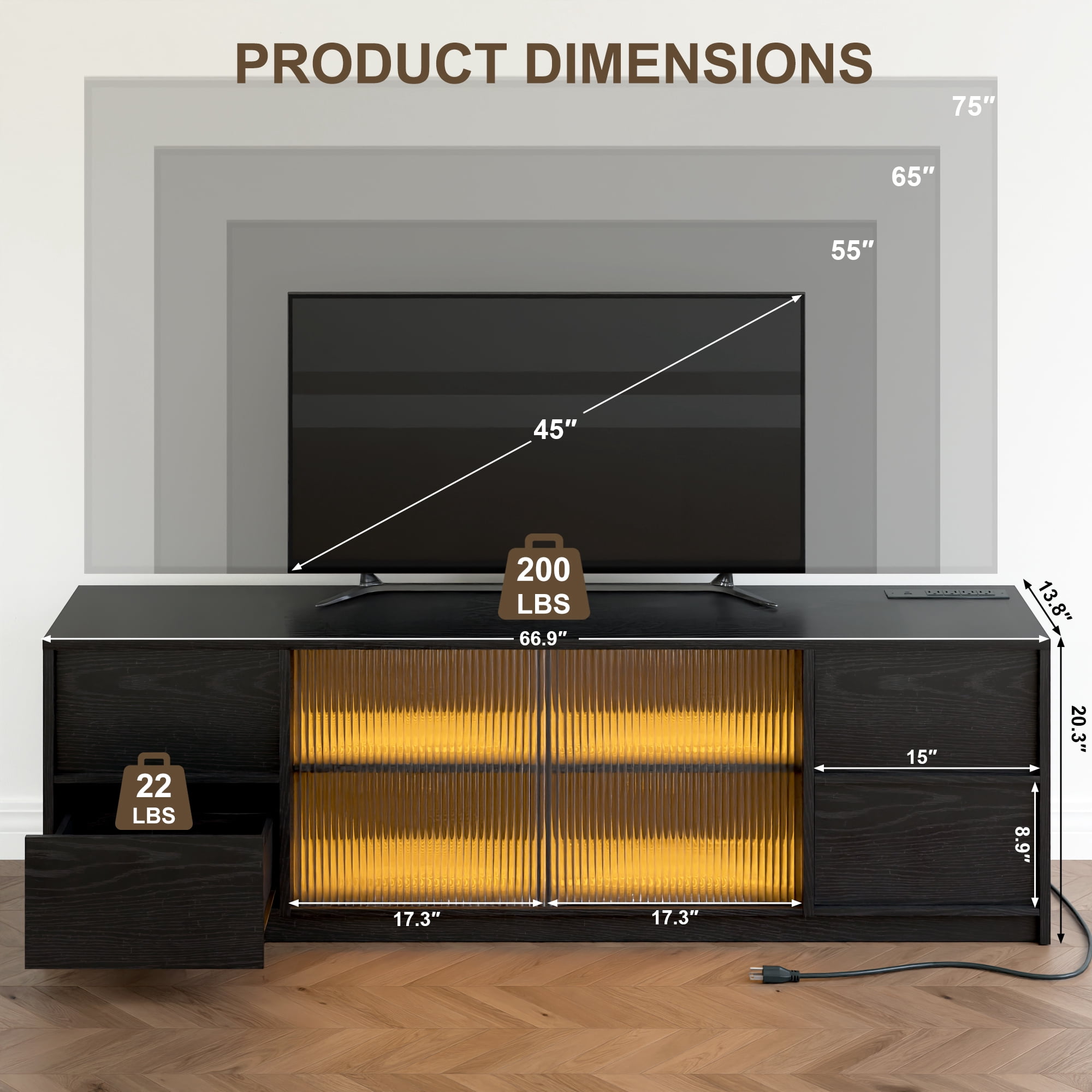 GUNAITO TV Stand for TVs up to 75", Big TV Stand for Living Room with 4 Drawers and LED Lights, Entertainment Center with Storage, Black