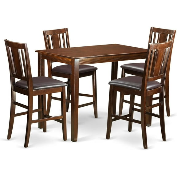 HomeStock Dining Set - High Table And Kitchen Chairs, Mahogany, 30"x48" Rectangular Counter-Height Table, 36" High, Includes 5-Piece Set With Faux Leather Seats