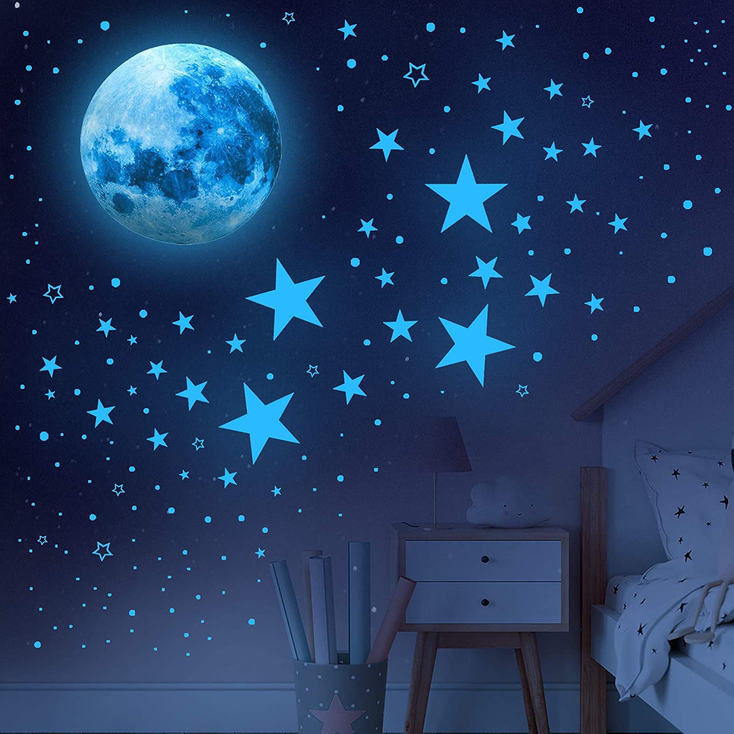 Stars Glowing Ceiling Decals with The Moon and dots for Kids Bedroom Any Room Shining Space Decoration LUISTUL 1622 Pcs Glow in The Dark Stars Wall Stickers Unicorns Fairies 