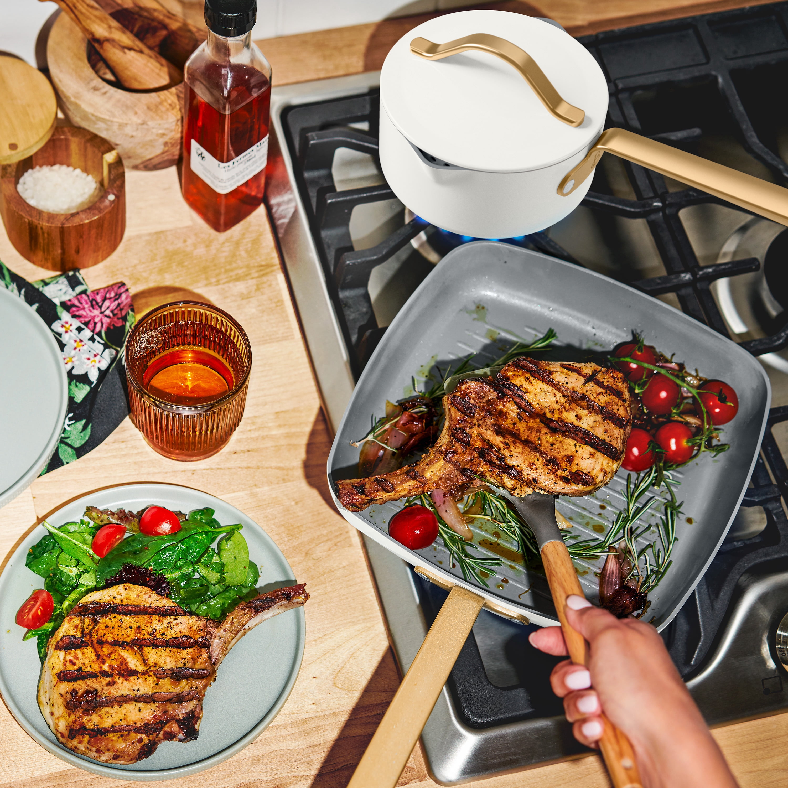 Beautiful 18-Piece Ceramic Nonstick Cookware Set, Pots & Pans with Strainer Lids & Kitchen Utensils, White Icing by Drew Barrymore