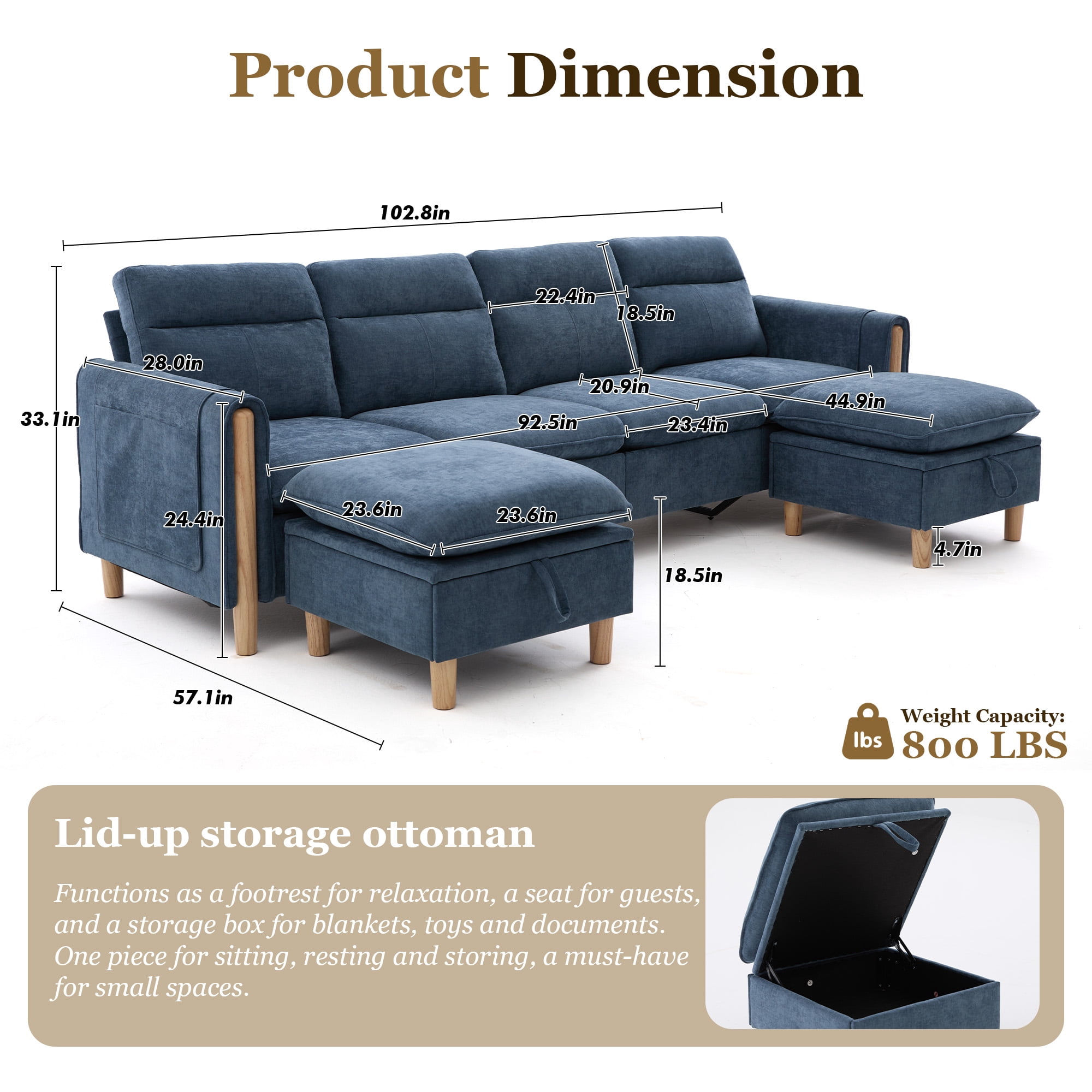 MOONMISS 4-Seater Chenille Sectional Sofa with 2 Storage Ottoman & Side Pocket Convertible Chaise Lounge for Living Room,Blue