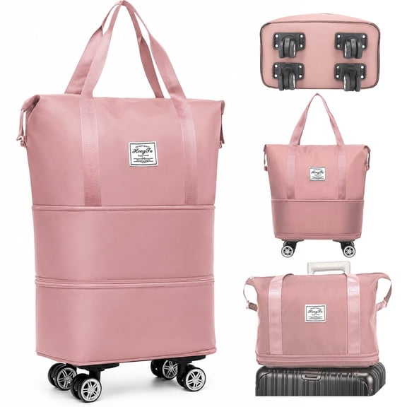 Rolling Duffle Bag, Expandable and Foldable with Wheels, for Weekend Trips and Carry-on, Pink