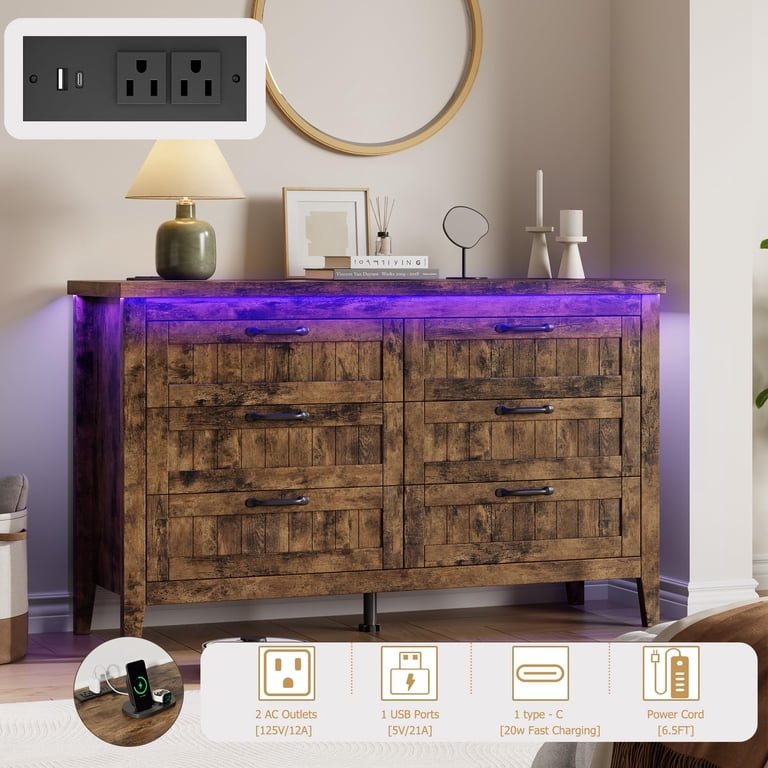 Grey Farmhouse 6 Drawer Dresser with Charging Station & LED Lights, Slim Wooden Chest of Drawers for Bedroom Closet & Dorm, Women's, Size: 6-drawer