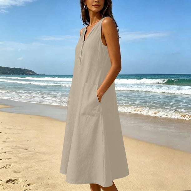 Qulqfy 100% Cotton Dresses for Women Midi Dressy Solid Sleeveless Henley V-Neck Vacation Button Down Flowy with Pockets Spring Sundress 3XL