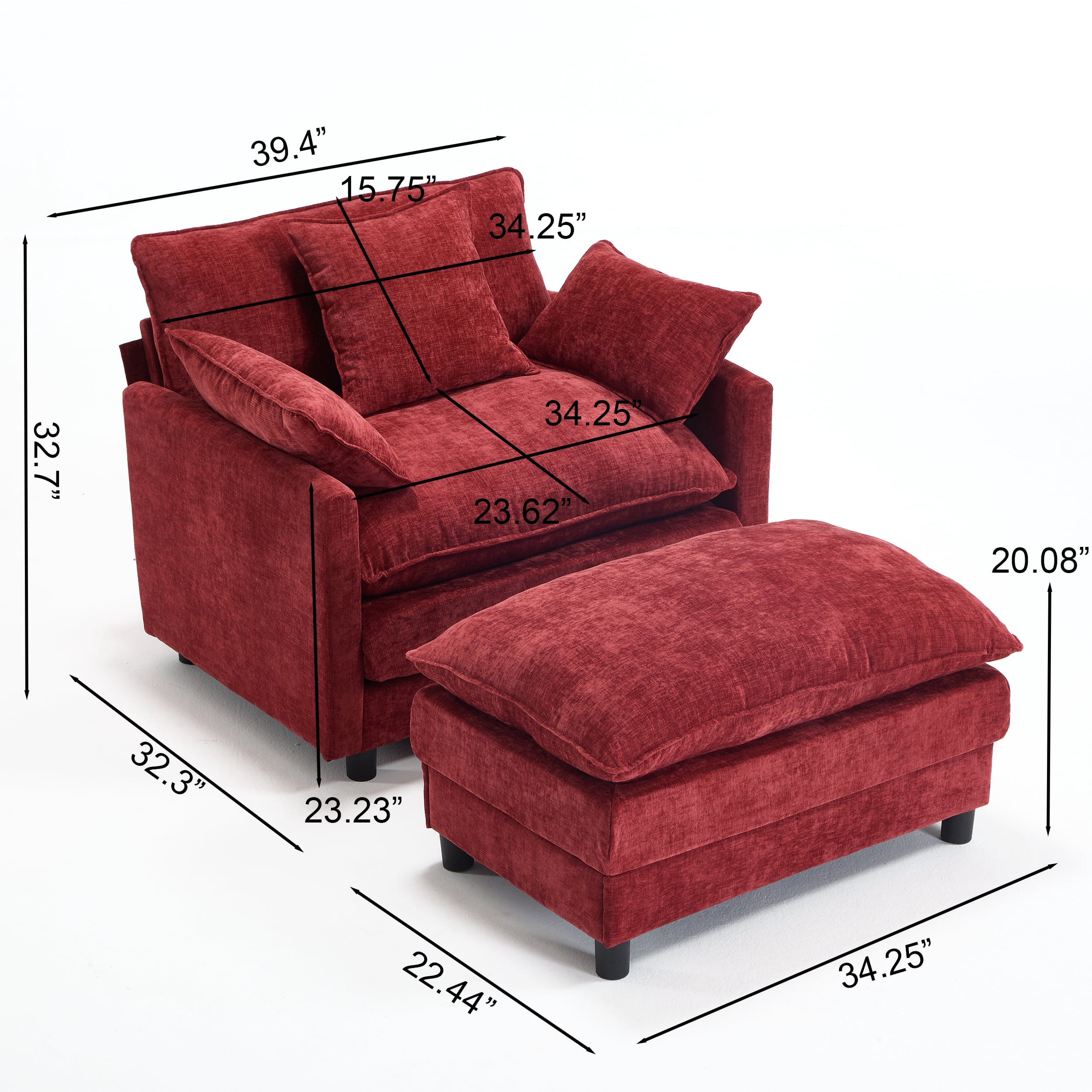Aukfa 39.4" Oversized Accent Chair with Ottoman, Chenille Armchair Lounge Chairfor Living Room & Bedroom,Red