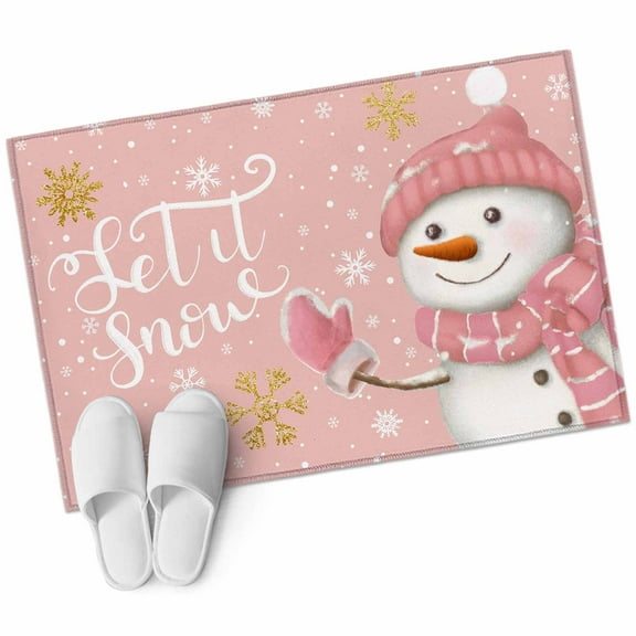 Pink Snowman Christmas Bathroom Mat 2x3 FT, Non Slip Small Kitchen Mat, Xmas Winter Snowflake Let Snow Washable Soft Backed Front Door Throw Rug Non-Shedding Indoor Outdoor Doormat for Entryway Sink