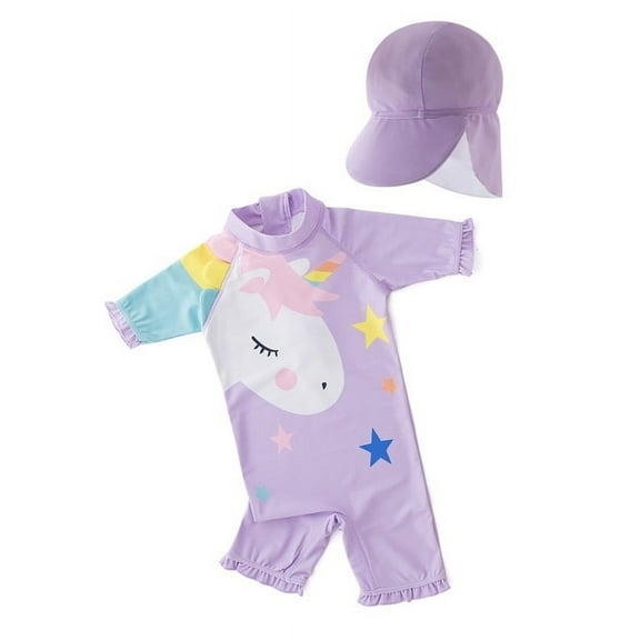 Kid Girls Chic Rash Guard Swimsuit Light Purple Unicorn Pool Party Swim Wear Beach Bathing Suit