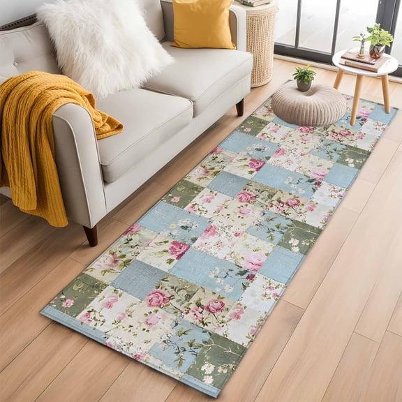 2'x6' Rug Runners for Hallways Kitchen, Vintage Botanical Non Slip Entryway Beside Floor Carpet Runner, Blue Green Pink Floral Retro Washable Laundry Room Bedroom Throw Rugs Mat for Family Pet