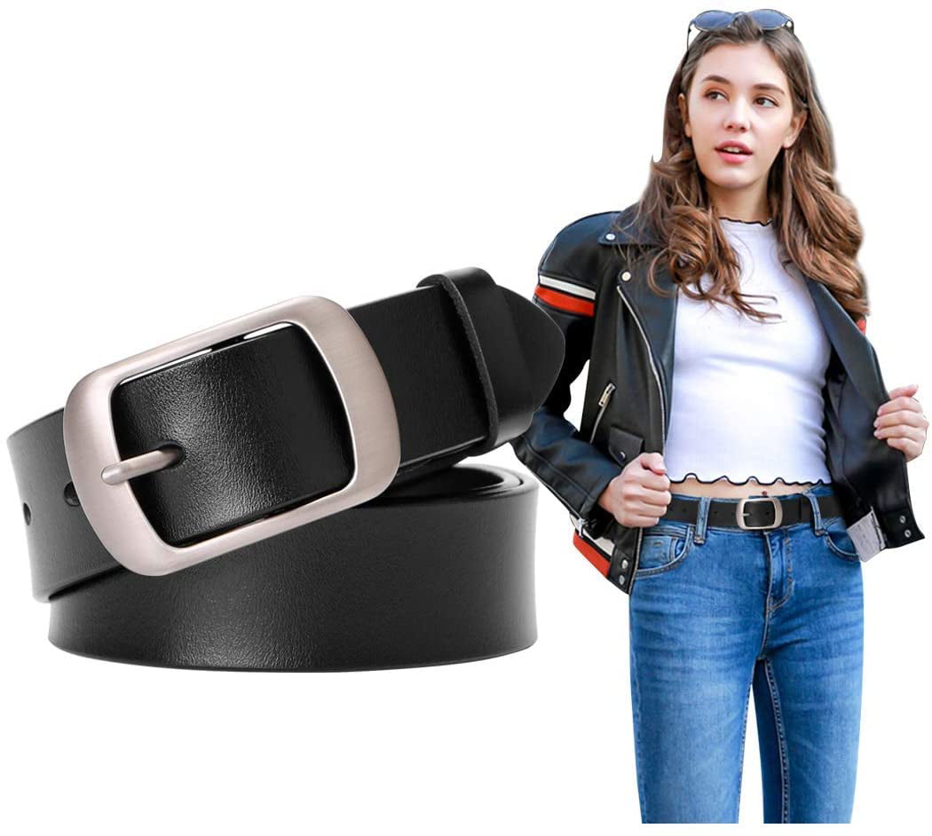 Women Leather Belt for Jeans Pants Dresses Black Ladies Waist Belt with Pin 