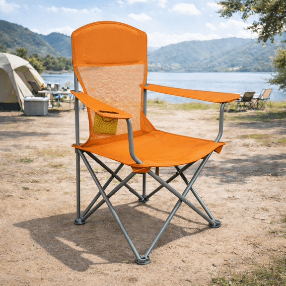 LIFERECORD Portable Camping Chair with Cup Holder & Side Pocket, Lightweight Folding Outdoor Chair for Beach, Fishing, Picnic, Heavy Duty 225LBS Capacity, Orange