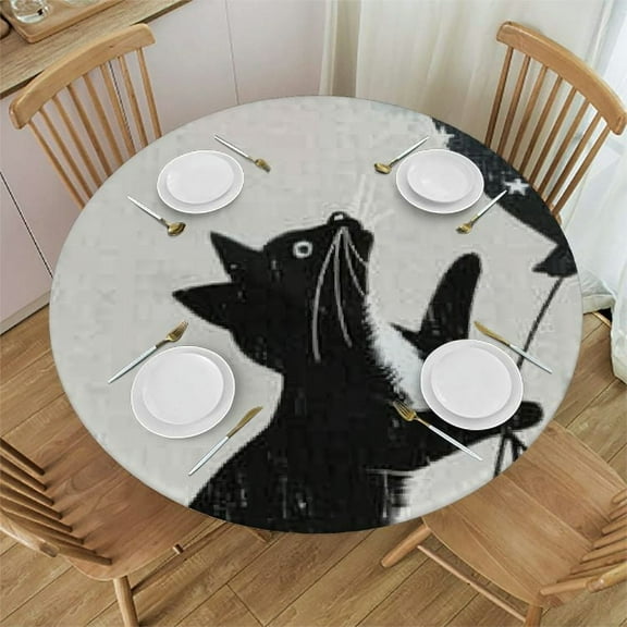 QKZF Black Cat Fantasy Round Fitted Tablecloth with Elastic Edge Table Cover Waterproof Circle Tablecloth for Outdoor Dining Party Holiday White