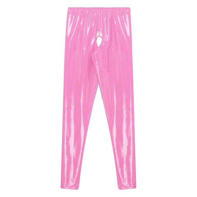 CHICTRY Womens Shiny Patent Leather Pants Wet Look Skinny Leggings  Nightclub Pole Dance Trousers Pink XXL 