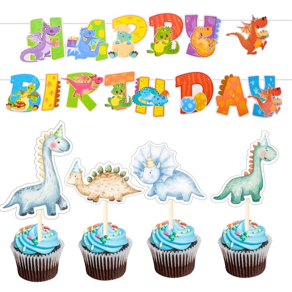 12 Pcs Dinosaur Cupcake Toppers with Glitter Garland – Dino Theme Birthday Decorations for Kids | Dinosaur Party Supplies for Baby Shower, Cake, Cupcakes & More