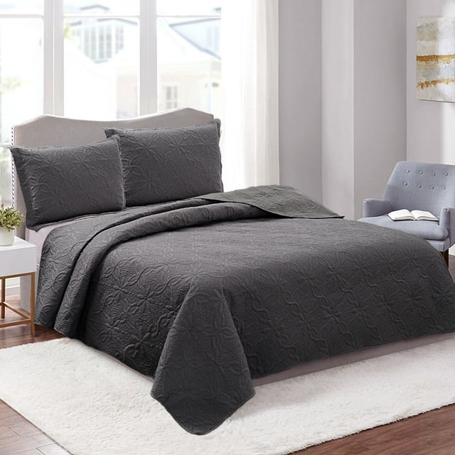 JML 3 Pieces King Quilt Set, Soft Lightweight Microfiber Bedspread,1 Quilt 2 Shams, Grey