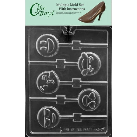 Emoji Lolly Chocolate Candy Mold with Exclusive Cybrtrayd Copyrighted Molding Instructions, Pack of 6