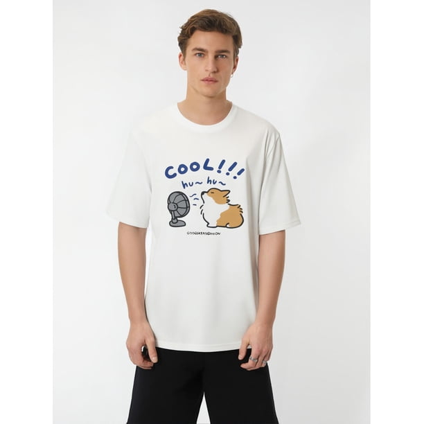 Camiseta Breezy Canine para hombre con estampado de cachorro con abanico: cómoda y casual, lavable a máquina.
