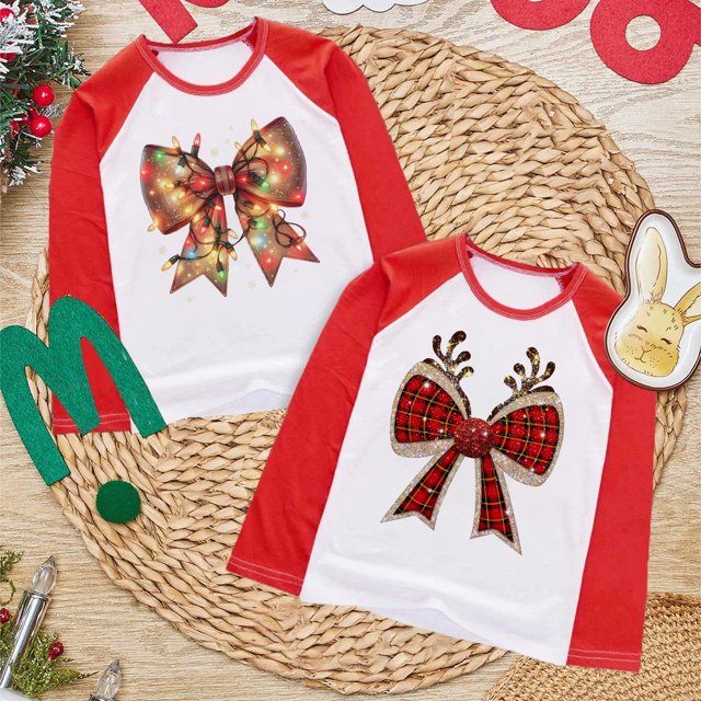 Camisetas de manga larga con estampado de lazo para niñas, camisetas con gráficos navideños para niños, camisetas para niños, atuendos para fiestas navideñas