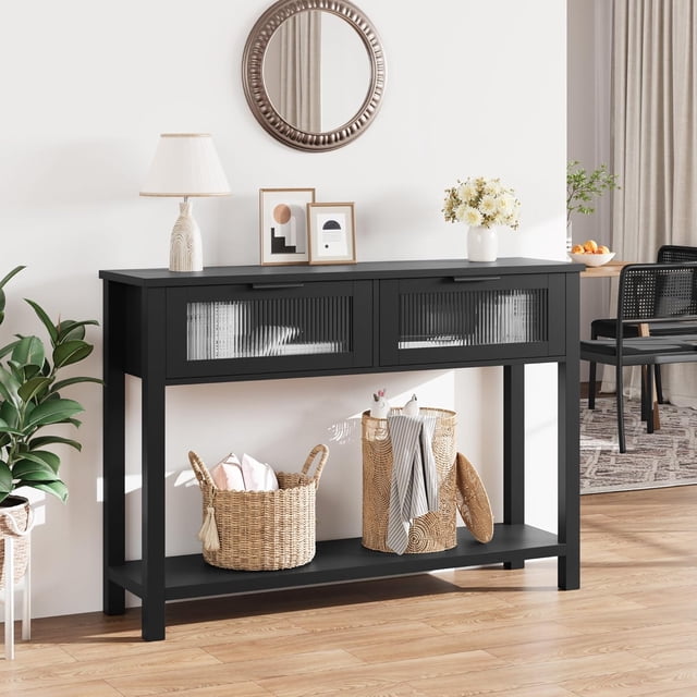 IdeaHouse Table d'Entrée, Table Console en Bois avec 2 Tiroirs en Verre, Table de Sofa à 2 Niveaux avec Rangement pour Salon, Tables de Foyer pour Entrée - Noir